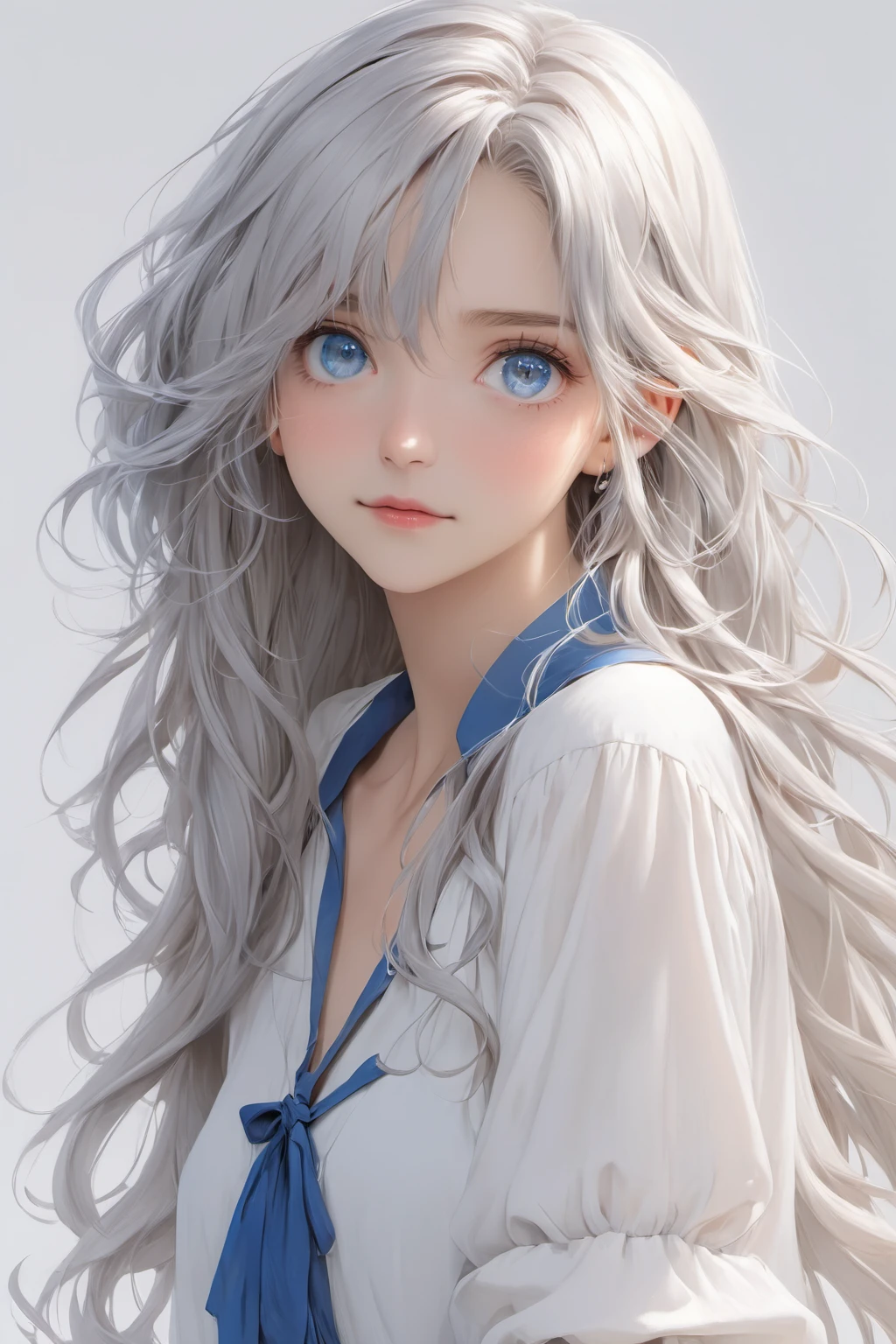 POV, ((masterpiece, best quality)), upper body, 1girl, solo, (white background:1.3), (simple background:1.3), long hair, gray hair, blue eye, white blouse, looking at viewer,