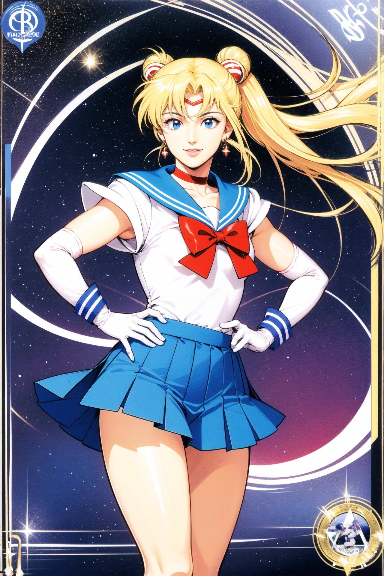 1girl, solo, blonde hair, tsukino usagi, sailor moon, sailor senshi uniform, long hair, blue sailor collar, gloves, blue eyes, skirt, bow, twintails, red bow, blue skirt, magical girl, sailor collar, choker, double bun, card (medium), elbow gloves, hair bun, white gloves, back bow, jewelry, tiara, red choker, smile, crescent, hand on hip, earrings, pleated skirt,<lora:Tsukasa Hojo:0.8>