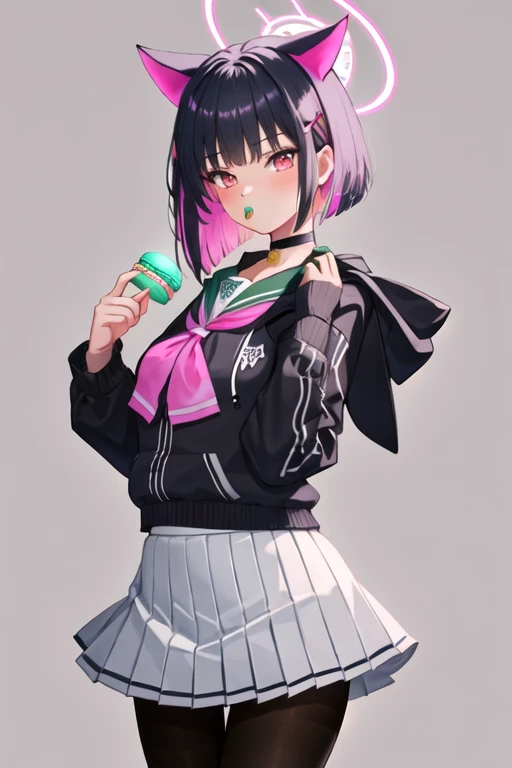 best quality, masterpiece, highres, solo, {kazusa_bluearchive:1.15}, animal_ears, black_hair, multicolored_hair, short_hair, bangs, colored_inner_hair, pink_hair, halo, cat_ears, two-tone_hair, hair_ornament, blush, hairclip, red_eyes, pink_eyes, 1girl, black_choker, black_jacket, choker, food, holding, holding_food, hood, hooded_jacket, jacket, long_sleeves, looking_at_viewer, macaron, neckerchief, pantyhose, pink_neckerchief, pleated_skirt, sailor_collar, simple_background, skirt, white_background, white_skirt, :t, eating, miniskirt, black_pantyhose, brown_pantyhose