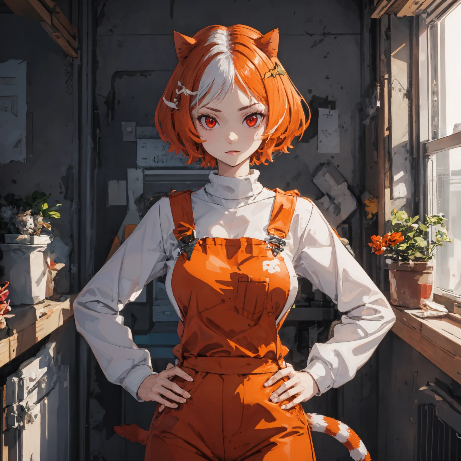 1girl, smug, (((Hands on hips with a confident stance))), flowers, Starship bridge , Desert sand dunes , ((multicolored hair)), green hair, black hair , ((small breasts)) , (((demon girl))), demon horns, demon tail, red skin, (((demon wings))) , animal ears, tail, hair ornament, (cat ears), red eyes, multicolored hair, (((orange clothing))), solo, white hair, short hair, (cat tail), (fish hair ornament), orange hair, indoors, white shirt, ( orange overalls), hairclip, sweater, cat girl, long sleeves, animal ear fluff