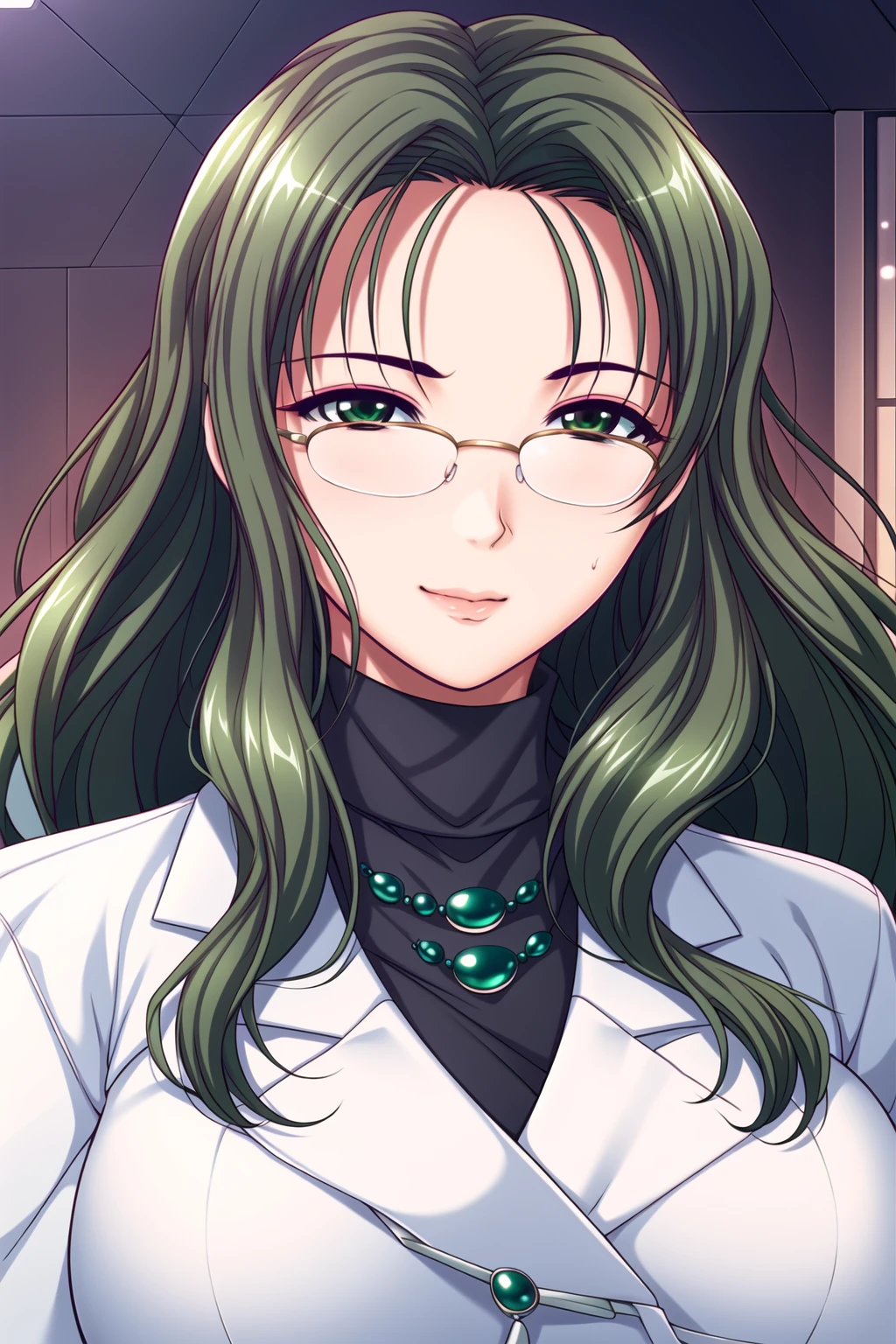 Simple White Background,
 white coat ,black shirt,necklace, jewelry, gem,long sleeves, 
<lora:Narumi_Jinguuji_NightShift-KK77-V1:0.7>,Glasses,Doctor,
bangs, green hair, green eyes, wavy hair, long hair, 
<lora:Mariana_Luciano_NON_VIRGIN-KK77-V1:0.3>,<lora:more_details:0.1>,
1 girl, 20yo,Young female,Beautiful Finger,Beautiful long legs,Beautiful body,Beautiful Nose,Beautiful character design, perfect eyes, perfect face,expressive eyes,perfect balance,
looking at viewer,(Focus on her face),closed mouth, (innocent_big_eyes:1.0),Light_Smile,
official art,extremely detailed CG unity 8k wallpaper, perfect lighting,Colorful, Bright_Front_face_Lighting,shiny skin,
(masterpiece:1.0),(best_quality:1.0), ultra high res,4K,ultra-detailed,
photography, 8K, HDR, highres, absurdres:1.2, Kodak portra 400, film grain, blurry background, bokeh:1.2, lens flare, (vibrant_color:1.2),professional photograph,
(Beautiful,large_Breasts:1.4), (beautiful_face:1.5),(narrow_waist),
