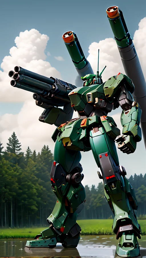 (photorealistic:1.4), (MRS:1.2), mecha, robot, no humans, weapon, cannon, gun, cloud, realistic, shoulder cannon, green skin, standing, wet ground, missile pod, gatling gun, cockpit windows, holding gun, forest <lora:srd_v3e:0.55>