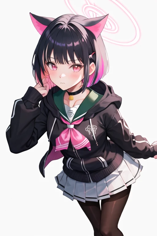 best quality, masterpiece, highres, solo, {kazusa_bluearchive:1.15}, animal_ears, black_hair, multicolored_hair, short_hair, bangs, colored_inner_hair, pink_hair, halo, cat_ears, two-tone_hair, hair_ornament, blush, hairclip, red_eyes, pink_eyes, 1girl, black_choker, black_jacket, choker, hood, hooded_jacket, jacket, long_sleeves, looking_at_viewer, neckerchief, pantyhose, pink_neckerchief, pleated_skirt, sailor_collar, simple_background, skirt, white_skirt, hood_down, miniskirt, white_background, brown_pantyhose, black_pantyhose, closed_mouth