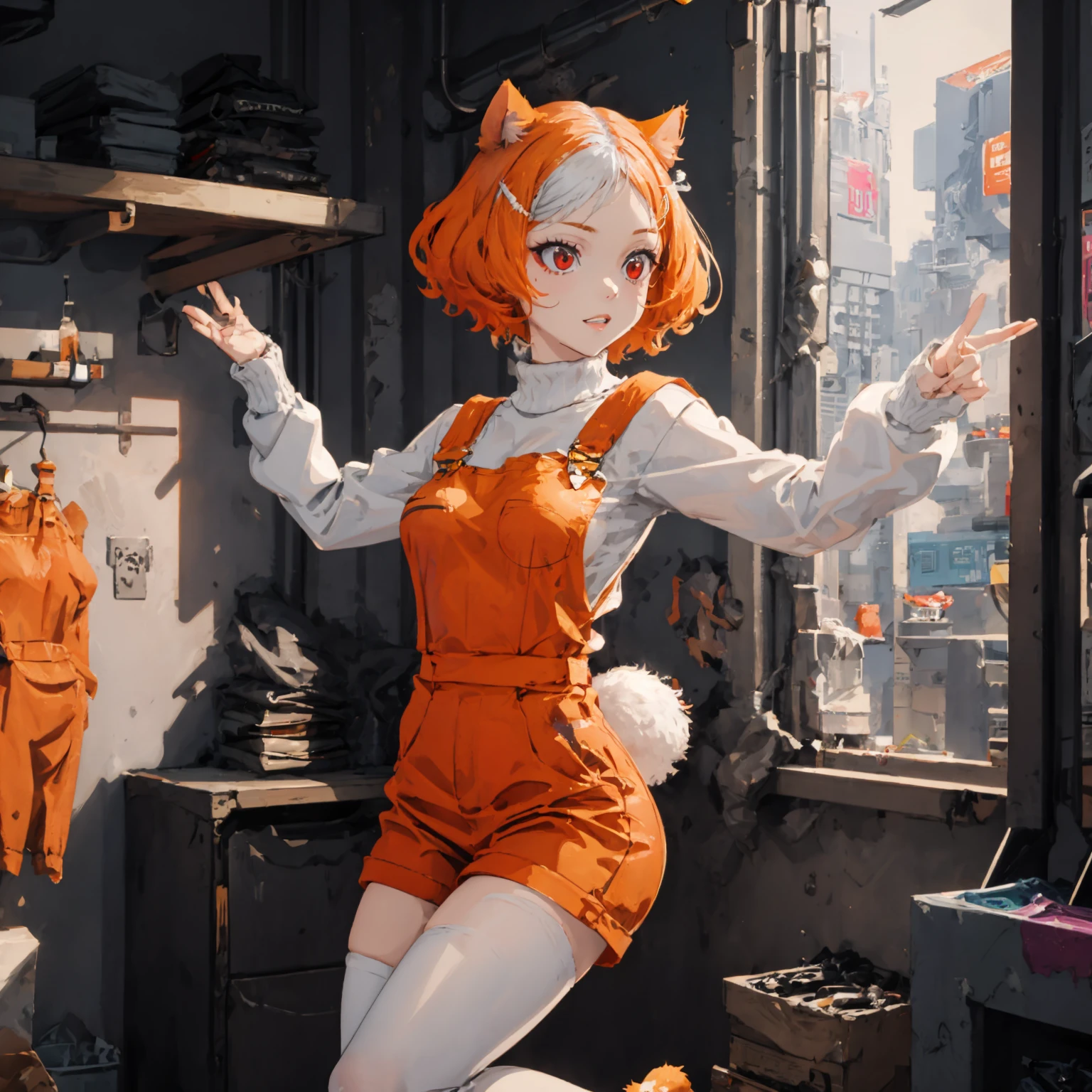 1girl, smug, (((Jumping in mid-air))),  (((cyberpunk))), Bookshelf filled with books , Snowy mountain peak , black and white hair , ((small breasts)) , (((bunny girl))), bunny ears, bright lighting ,  animal ears, tail, hair ornament, (cat ears), red eyes, multicolored hair, (((orange clothing))), solo, white hair, short hair, (cat tail), (fish hair ornament),  orange hair, indoors, white shirt, ( orange overalls), hairclip, sweater, cat girl, long sleeves, animal ear fluff