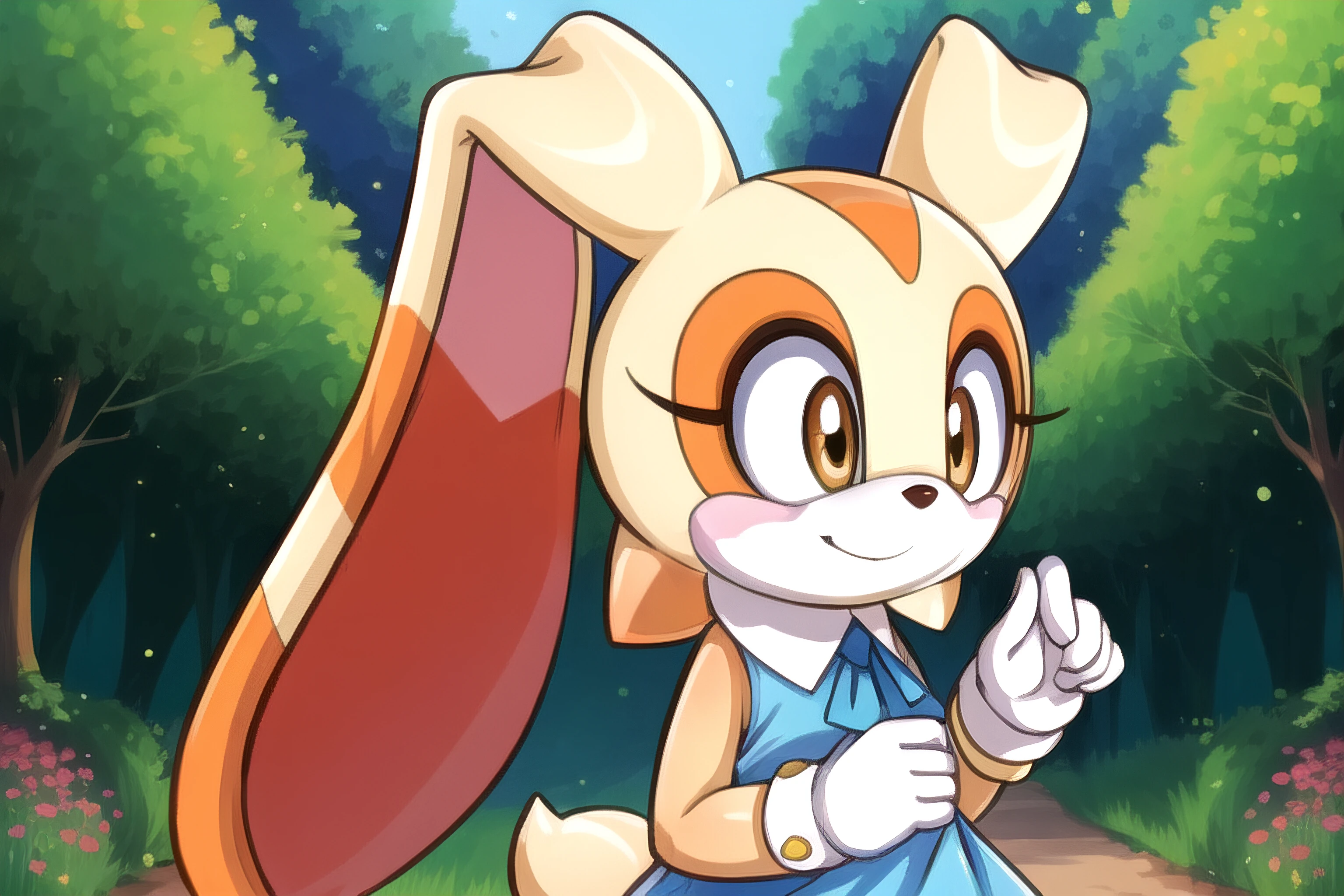 best quality,  <lora:CreamTheRabbit:0.8> ((anthro, furry)), cream the rabbit, anthro, blue dress, smile, forest background,