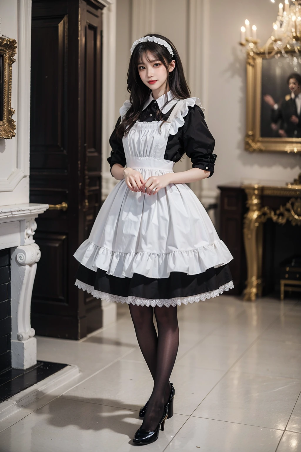 best quality, quality, masterpiece, photorealistic, 1girl, solo, full body, maid attire, black pantyhose, high heels, detailed background, indoors, palace, luxury decorations, <lora:maid_attire_v2:0.65>