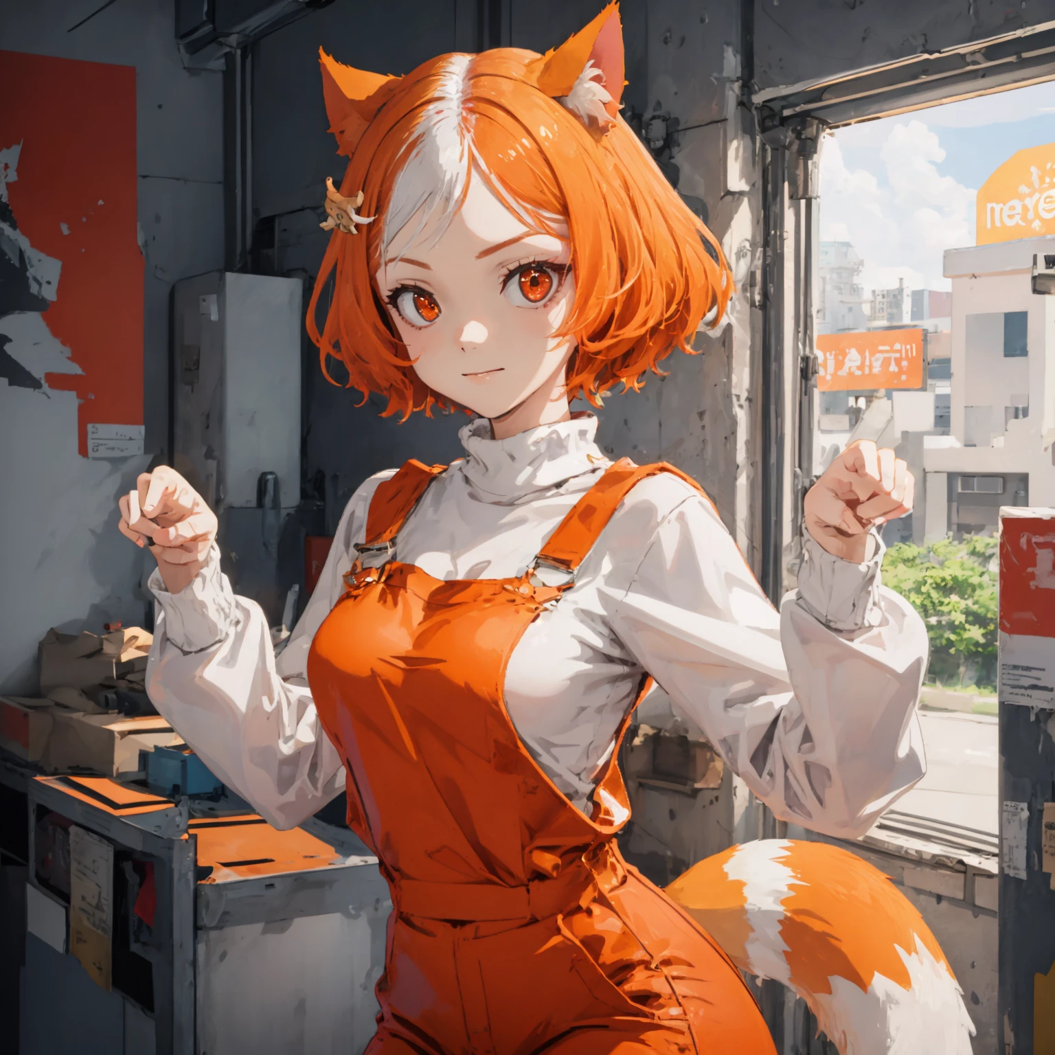 1girl, smug, (((paw pose))), ass grab, large ass, Abandoned amusement park , Busy airport terminal , ((multicolored hair)), orange hair, white hair , ((flat chest))) , (((fox girl))), fox tail, fox ears , animal ears, tail, hair ornament, (cat ears), red eyes, multicolored hair, (((orange clothing))), solo, white hair, short hair, (cat tail), (fish hair ornament), orange hair, indoors, white shirt, ( orange overalls), hairclip, sweater, cat girl, long sleeves, animal ear fluff