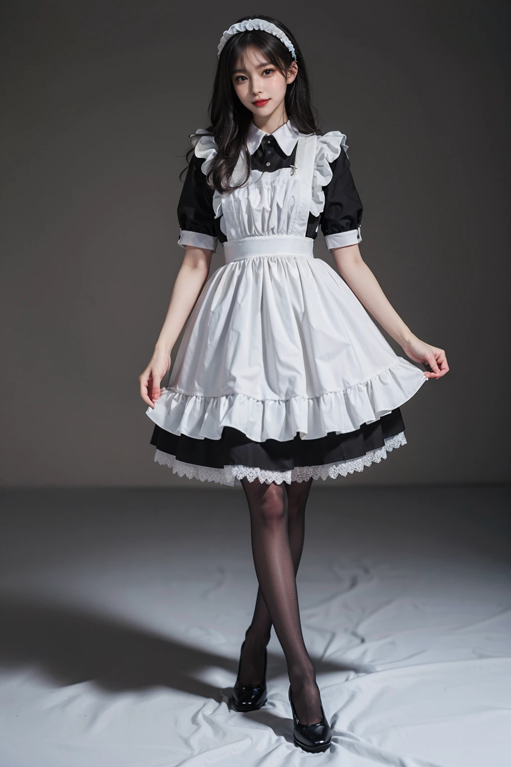 best quality, quality, masterpiece, photorealistic, kneeling, 1girl, solo, full body, maid attire, black pantyhose, high heels, simple background, 