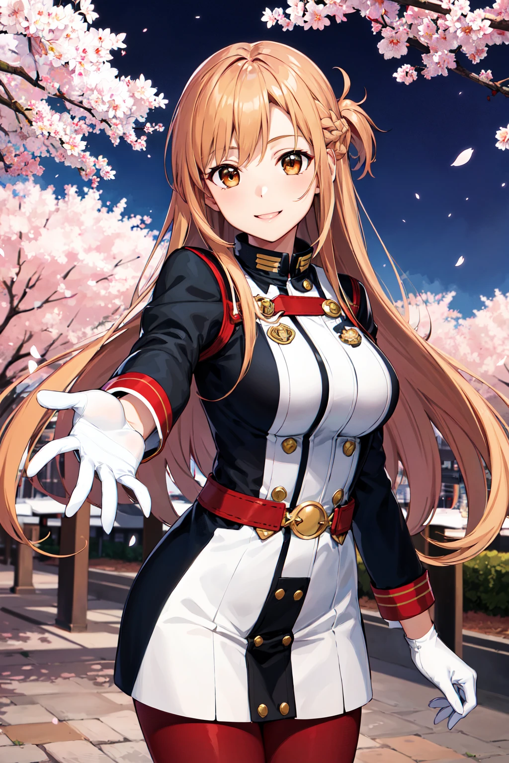 masterpiece, best quality, highres, ccasuna, long hair, brown hair, brown eyes, uniform, jacket, long sleeves, white gloves, belt, red pantyhose, <lora:asuna_(sao)_v1:0.7>, cherry blossoms, night, reaching out, smile, petal