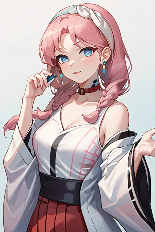 best quality, masterpiece, highres, solo, {white kimono:1.35}, {red hakama:1.35}, {wide sleeves:1.20}, {blue_poison_arknights:1.15}, blue_eyes, pink_hair, bangs, long_hair, braid, twin_braids, hairband, earrings, jewelry, breasts, upper_body