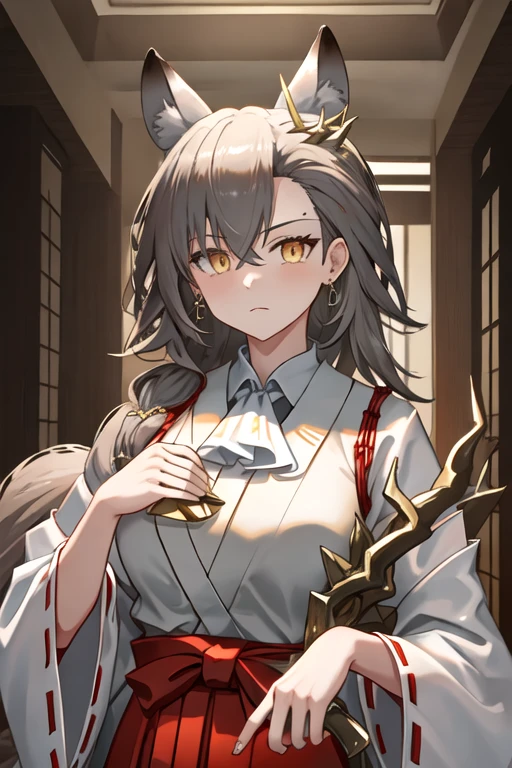 best quality, masterpiece, highres, solo, {white kimono:1.35}, {red hakama:1.35}, {wide sleeves:1.20}, {penance_arknights:1.15}, animal_ears, wolf_ears, extra_ears, long_hair, brown_hair, wolf_girl, yellow_eyes, ascot, white_ascot, hair_between_eyes, upper_body, closed_mouth, jewelry, bangs, breasts