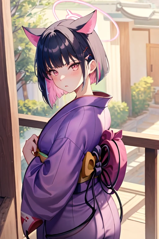 best quality, masterpiece, highres, solo, {yukata:1.40}, {kimono:1.20}, {kazusa_bluearchive:1.15}, animal_ears, black_hair, multicolored_hair, short_hair, bangs, colored_inner_hair, pink_hair, halo, cat_ears, two-tone_hair, hair_ornament, blush, hairclip, red_eyes, pink_eyes