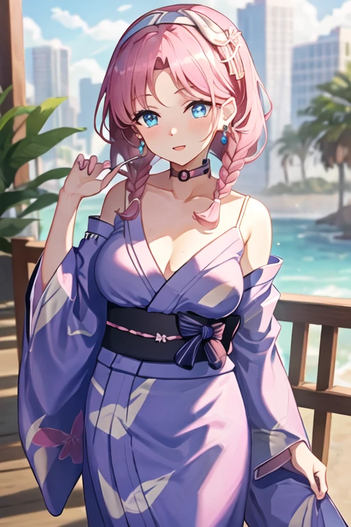 best quality, masterpiece, highres, solo, {yukata:1.40}, {kimono:1.20}, {blue_poison_arknights:1.15}, blue_eyes, pink_hair, bangs, long_hair, braid, twin_braids, hairband, earrings, jewelry, breasts, upper_body