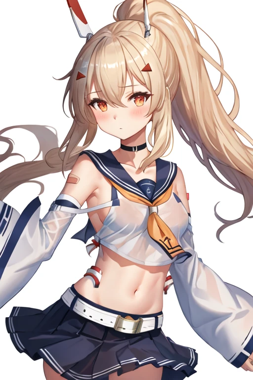 best quality, masterpiece, highres, solo, {ayanami_azurlane:1.15}, long_hair, ponytail, bangs, headgear, hair_between_eyes, sidelocks, hair_ornament, blush, blonde_hair, orange_eyes, breasts, retrofit_\(azur_lane\), red_eyes, 1girl, bare_shoulders, collarbone, crop_top, detached_sleeves, looking_at_viewer, midriff, navel, sailor_collar, school_uniform, serafuku, wide_sleeves, belt, blue_skirt, pleated_skirt, skirt, choker, ascot, blue_sailor_collar, shirt, simple_background, black_choker, medium_breasts, thighhighs, white_background, hairclip, high_ponytail, white_shirt, white_thighhighs