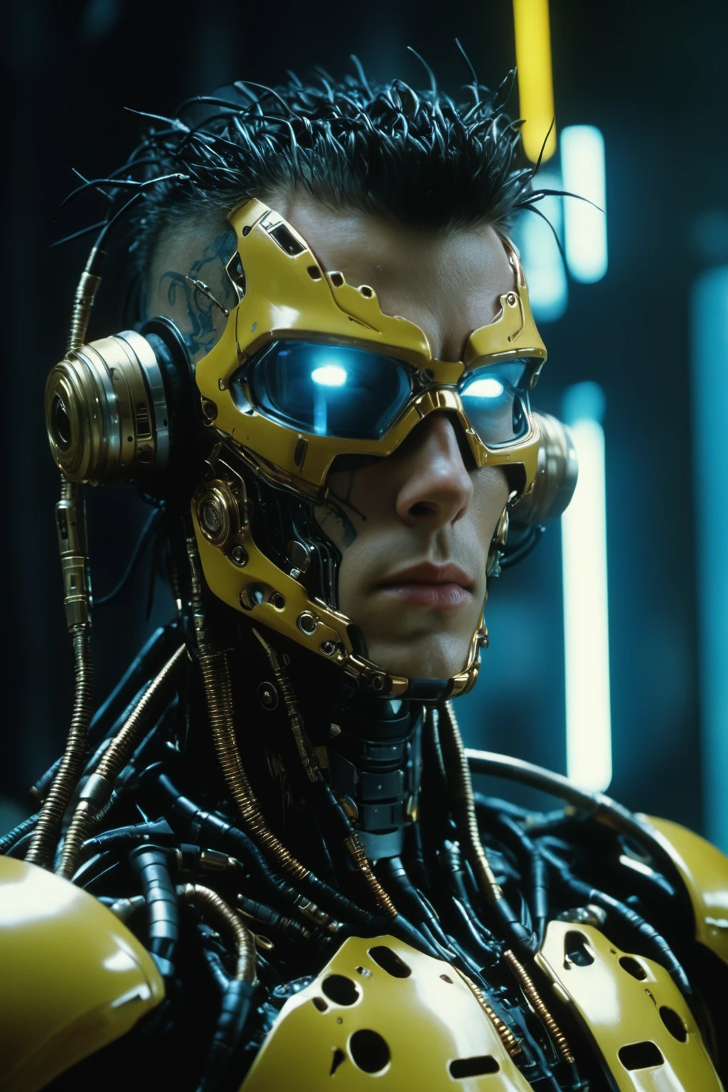 highly detailed best cinematic still frame, cyberpunk, erotic sexy cyborg man, ((ultra highly detailed, Kodak Portra 800, 35mm photograph, closeup level all of shapes and clarity))