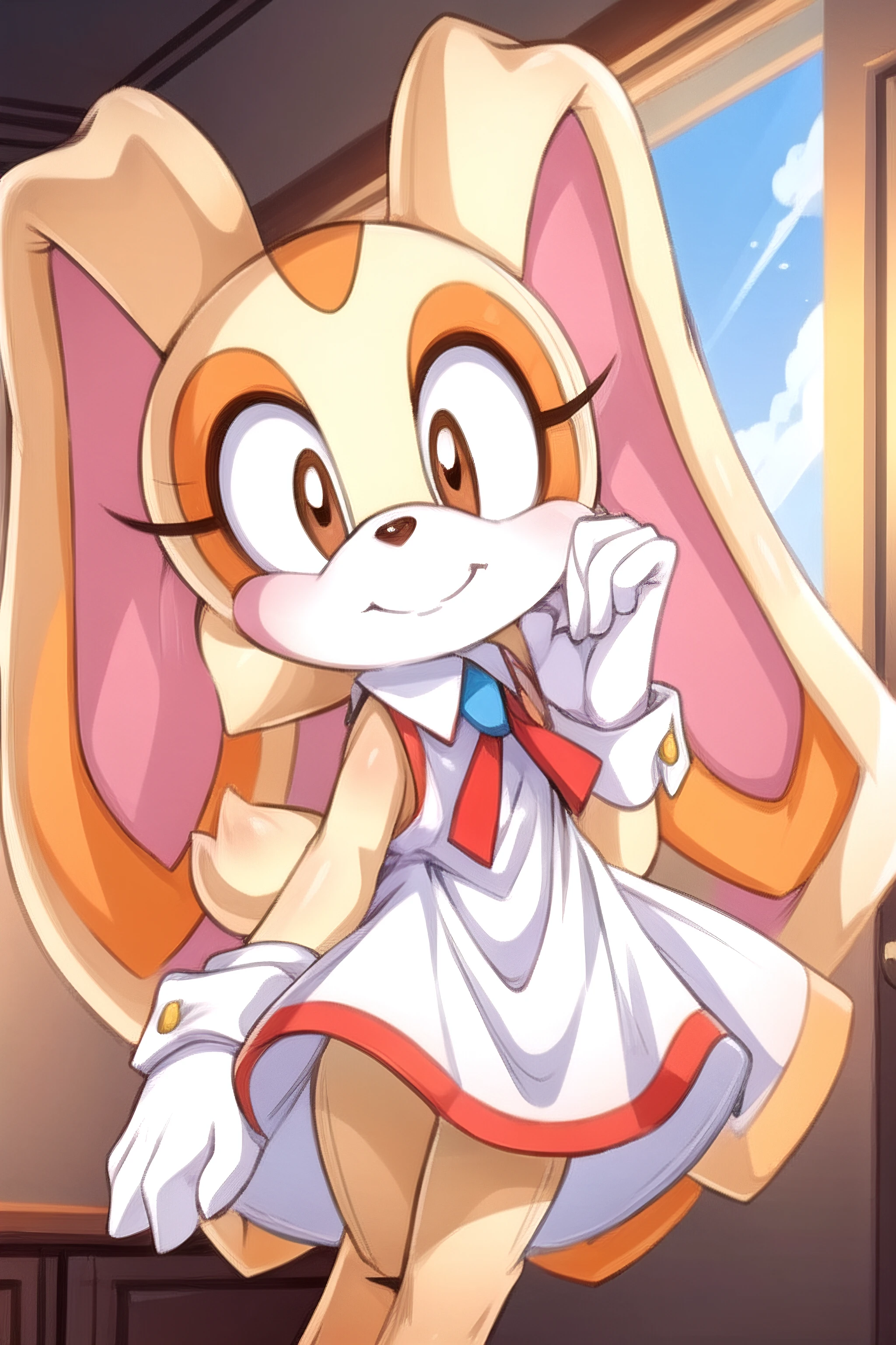 best quality,  <lora:CreamTheRabbit:0.8> ((anthro, furry)), cream the rabbit, anthro, white dress, bedroom,