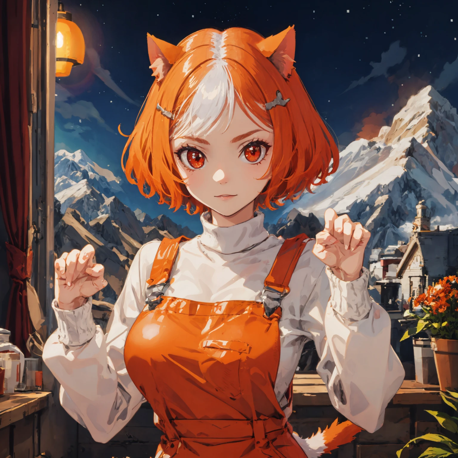 1girl, smug, (((paw pose))),  ((mountains in background)), Starry night sky , Quaint village square , ((multicolored hair)), black hair, white hair , ((oversized breasts)) , (((demon girl))), demon horns, demon tail, red skin, (((demon wings))) ,  animal ears, tail, hair ornament, (cat ears), red eyes, multicolored hair, (((orange clothing))), solo, white hair, short hair, (cat tail), (fish hair ornament),  orange hair, indoors, white shirt, ( orange overalls), hairclip, sweater, cat girl, long sleeves, animal ear fluff