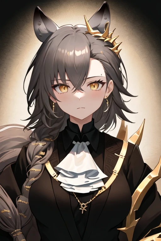 best quality, masterpiece, highres, solo, {penance_arknights:1.15}, animal_ears, wolf_ears, extra_ears, long_hair, brown_hair, wolf_girl, yellow_eyes, ascot, white_ascot, hair_between_eyes, upper_body, closed_mouth, jewelry, bangs, breasts, 1girl, looking_at_viewer, portrait, simple_background, black_background