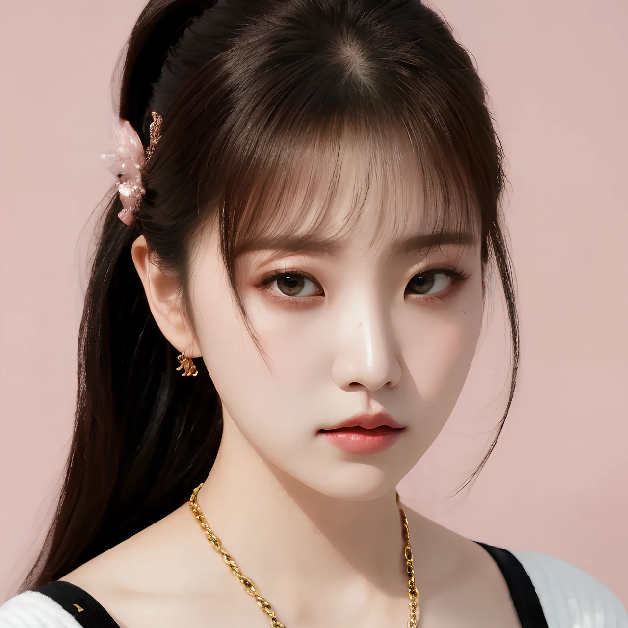 pink background, hyper realistic lifelike texture dramatic lighting unreal engine trending on art station, award winning photo, nikon RAW photo,8 k, Fujifilm XT3,masterpiece, best quality, realistic, photorealistic, ultra detailed, extremely detailed face, solo,1girl, standing, fashionable and trendy atmosphere, high-end makeup products, and a stylish expression on her face, close up, pink t-shirt, closed mouth, closed lips, looking at viewer,