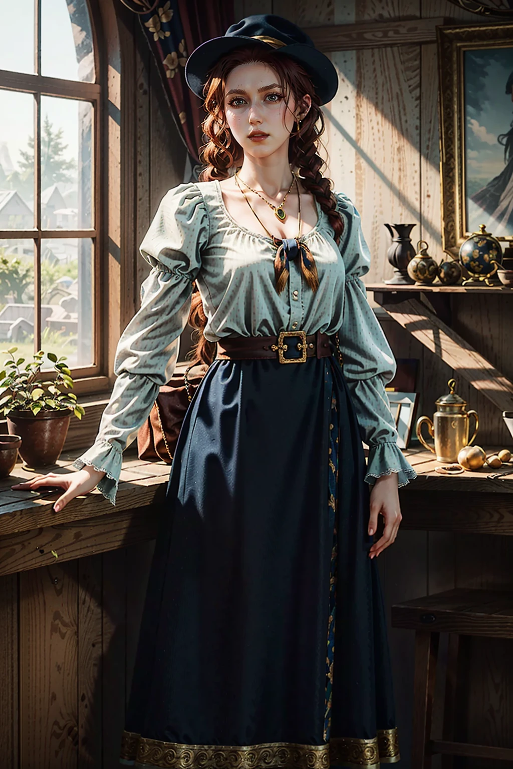 MollyRDR, solo, braid, jewelry, fine art parody, necklace, hat, long skirt, 1girl, long hair
<lora:epi_noiseoffset2:1>, <lora:MollyRDR:0.7>