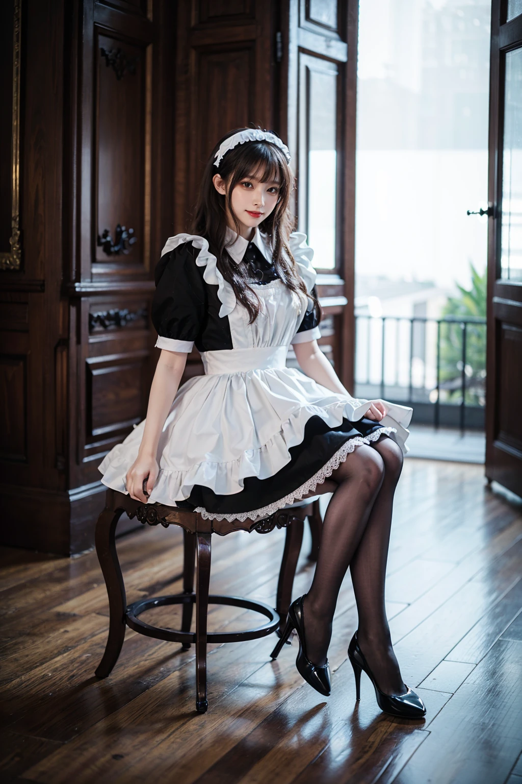 best quality, quality, masterpiece, photorealistic,sitting, 1girl, solo, full body, maid attire, black pantyhose, high heels, detailed background, indoors, palace, luxury decorations, <lora:maid_attire_v2:0.65>