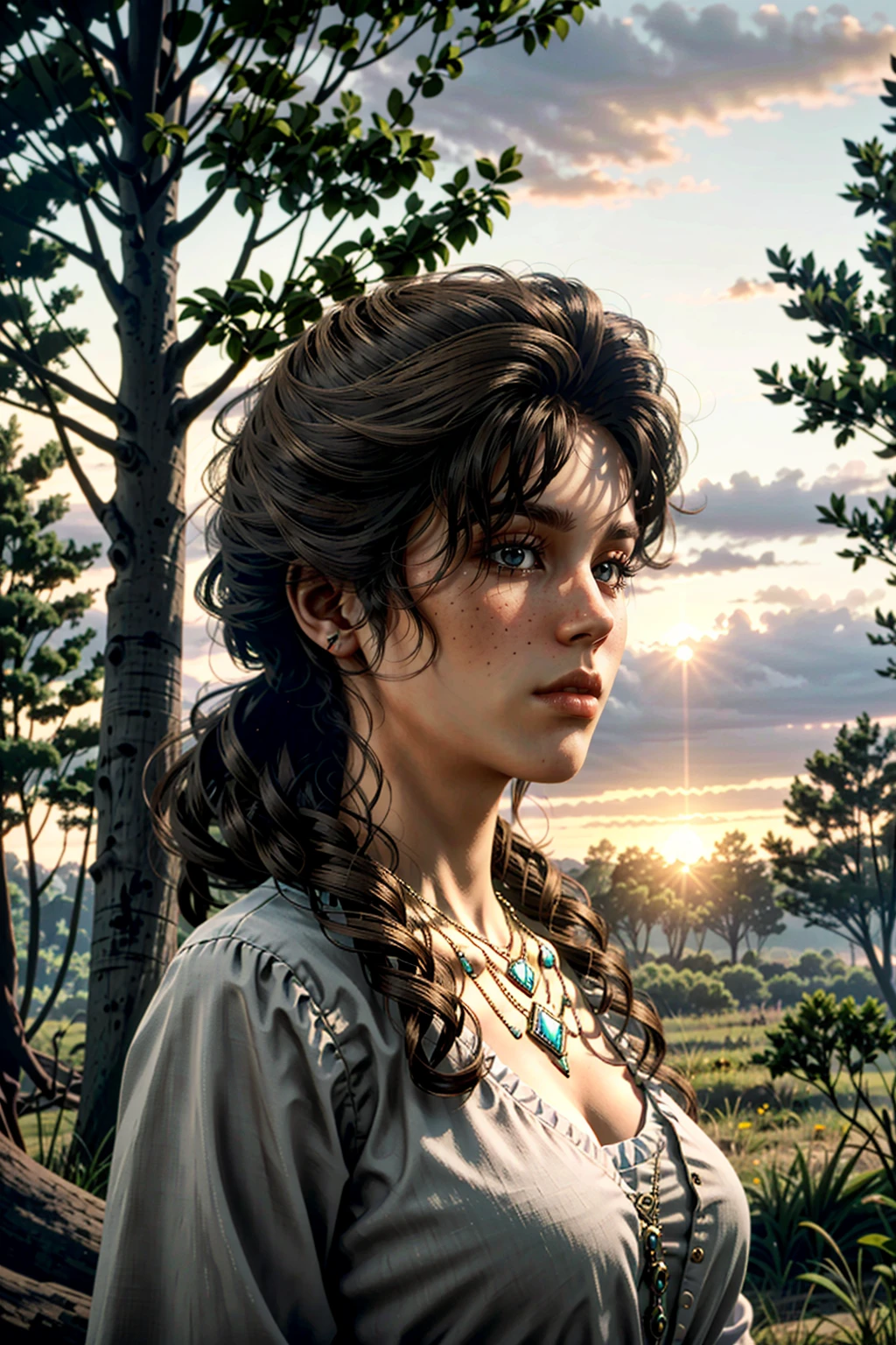 MaryBethRDR, 1girl, solo, realistic, necklace, brown hair, outdoors, tree, upper body, looking at viewer, sundown
<lora:epi_noiseoffset2:1>, <lora:MaryBethRDR:0.7>