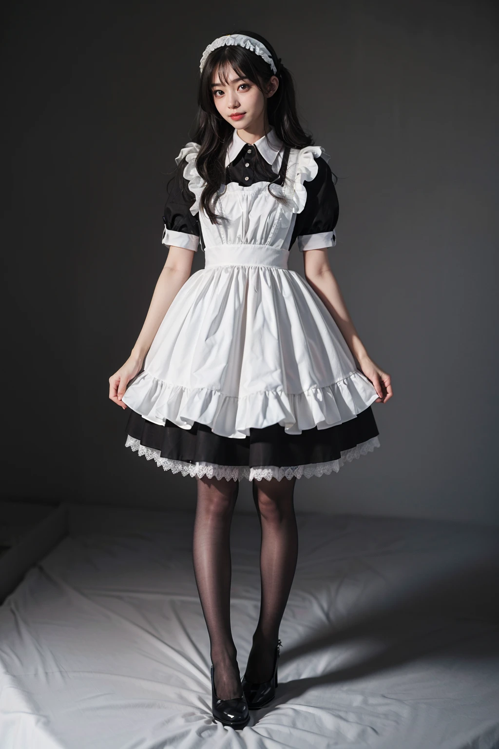 best quality, quality, masterpiece, photorealistic, standing, 1girl, solo, full body, maid attire, black pantyhose, high heels, simple background, <lora:maid_attire_v2:0.65>