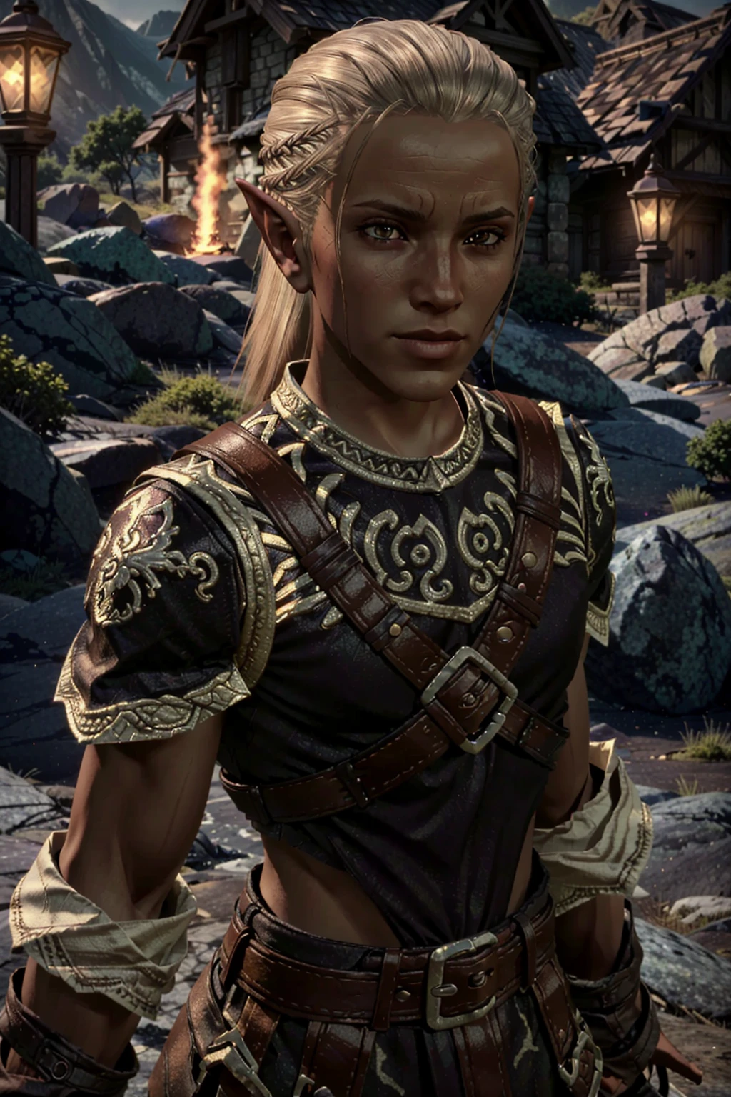 ZevranDA, solo, pointy ears, dark skin, elf, realistic, 1boy,
,masterpiece, best quality, cinematic lighting,
<lora:epi_noiseoffset2:1>, <lora:ZevranDA:0.7>