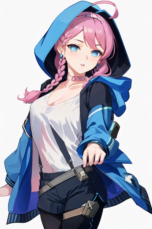 best quality, masterpiece, highres, solo, {blue_poison_arknights:1.15}, blue_eyes, pink_hair, bangs, long_hair, braid, twin_braids, hairband, earrings, jewelry, breasts, upper_body, 1girl, blue_jacket, hood, hooded_jacket, jacket, looking_at_viewer, low_twintails, shirt, twintails, white_shirt, hood_up, black_choker, choker, collared_shirt, open_jacket, simple_background, ahoge, white_background, long_sleeves, open_clothes, parted_lips, portrait