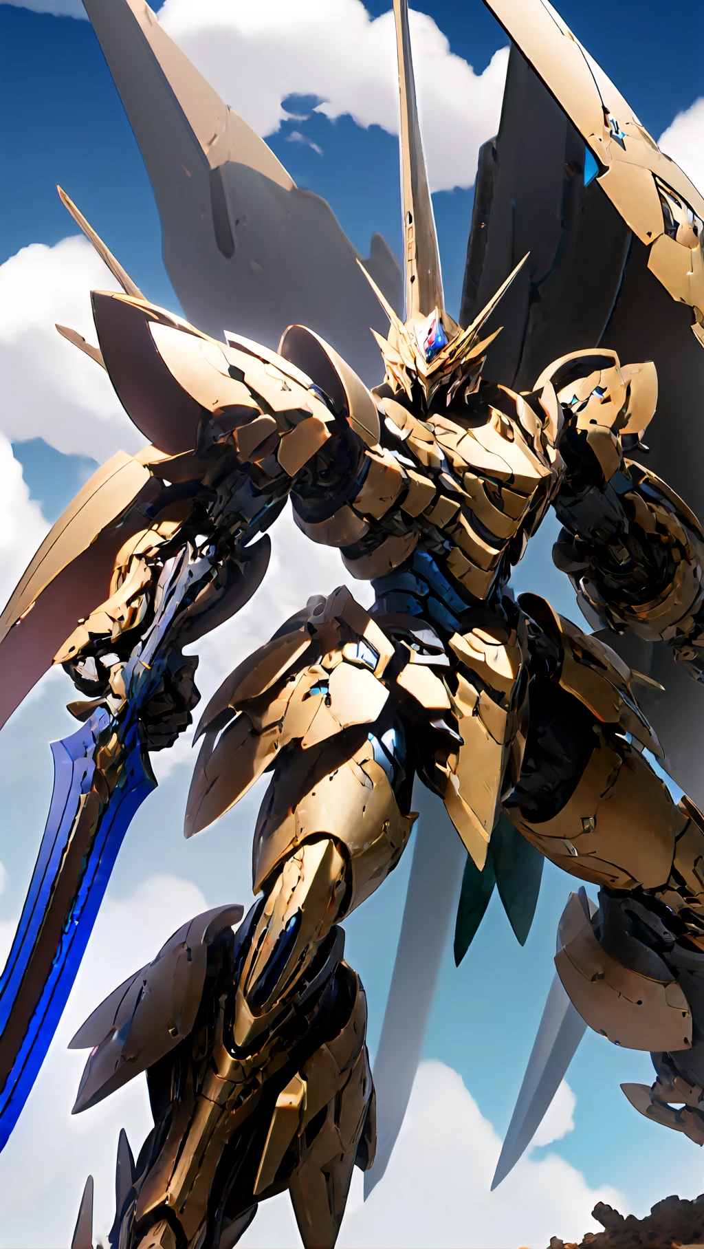 (FRS:1.5), a (((mecha))) with sleek and menacing design, holding weapon, full knight armor , glowing ,heroic parts, mechanical parts, robot joints
BREAK
best quality, masterpiece, (ultra-detailed:1.5), (huge mechanical weapon:1.3),(detailed armor description:1.2),(detailed weapon description:1.2)
BREAK
sky, cloud, battlefield, glowing_eyes, science_fiction, realistic, <lora:srd_v3e:0.6>