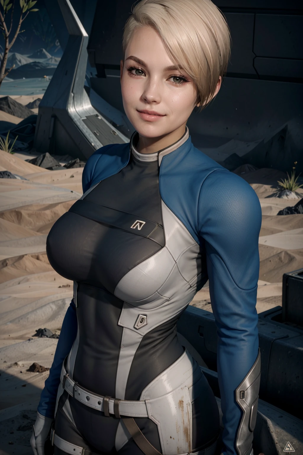 ((high resolution)), athletic, defined muscles, ((pale skin)), freckled, brunette teen, with blue eyes, curly pixie haircut, ((large breasts)), naked, sexy armor, cyberpunk, neon cityscape