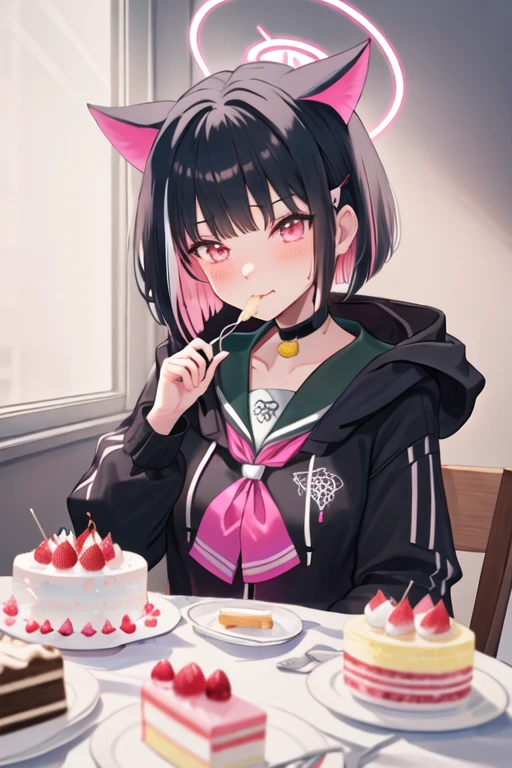 best quality, masterpiece, highres, solo, {kazusa_bluearchive:1.15}, animal_ears, black_hair, multicolored_hair, short_hair, bangs, colored_inner_hair, pink_hair, halo, cat_ears, two-tone_hair, hair_ornament, blush, hairclip, red_eyes, pink_eyes, 1girl, black_choker, black_jacket, choker, eating, food, holding, hood, jacket, long_sleeves, looking_at_viewer, pink_neckerchief, upper_body, food_on_face, hooded_jacket, sailor_collar, cake, extra_ears, fork, neckerchief