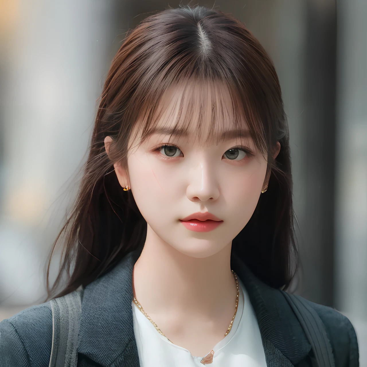 hyper realistic lifelike texture dramatic lighting unreal engine trending on art station, award winning photo, nikon RAW photo,8 k, Fujifilm XT3,masterpiece, best quality, realistic, photorealistic, ultra detailed, extremely detailed face, solo,1girl, standing, fashionable and trendy atmosphere, high-end makeup products, and a stylish expression on her face, snowing, wearing jacket outside, (upper body),