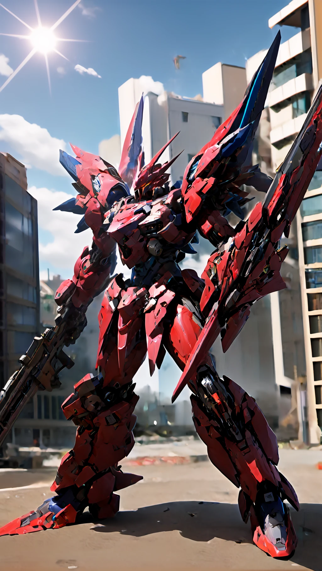 (RRS:1.5), a (((mecha))) with sleek and menacing design, holding weapon, mecha armor , glowing ,heroic parts, mechanical parts, robot joints
BREAK
best quality, masterpiece, highly detailed, ultra-detailed, (huge mechanical weapon:1.3),(detailed armor description:1.2),(detailed weapon description:1.2)
BREAK
sky, cloud, battlefield, building, glowing_eyes, science_fiction, realistic, <lora:srd_v3e:0.6>