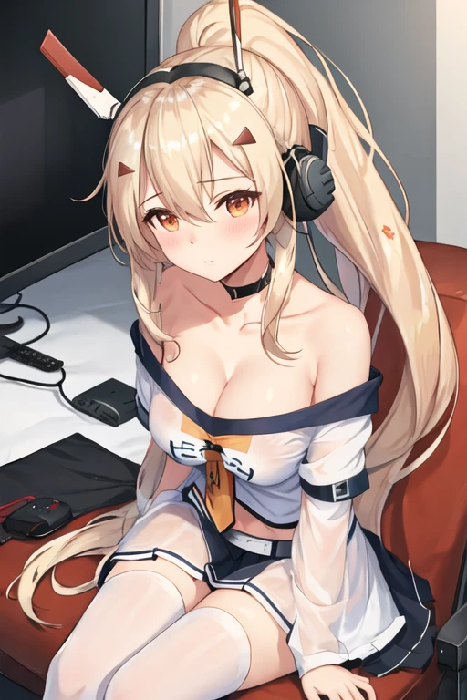 best quality, masterpiece, highres, solo, {ayanami_azurlane:1.15}, long_hair, ponytail, bangs, headgear, hair_between_eyes, sidelocks, hair_ornament, blush, blonde_hair, orange_eyes, breasts, retrofit_\(azur_lane\), red_eyes, 1girl, bare_shoulders, collarbone, looking_at_viewer, off-shoulder_shirt, off_shoulder, shirt, white_shirt, clothes_writing, headphones, short_sleeves, cleavage, head_tilt, medium_breasts