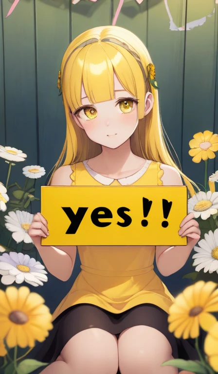 The girl in a yellow dress is sitting in the flowers holding the sorry sign,Holding a wooden plaque with YES! written on it,
