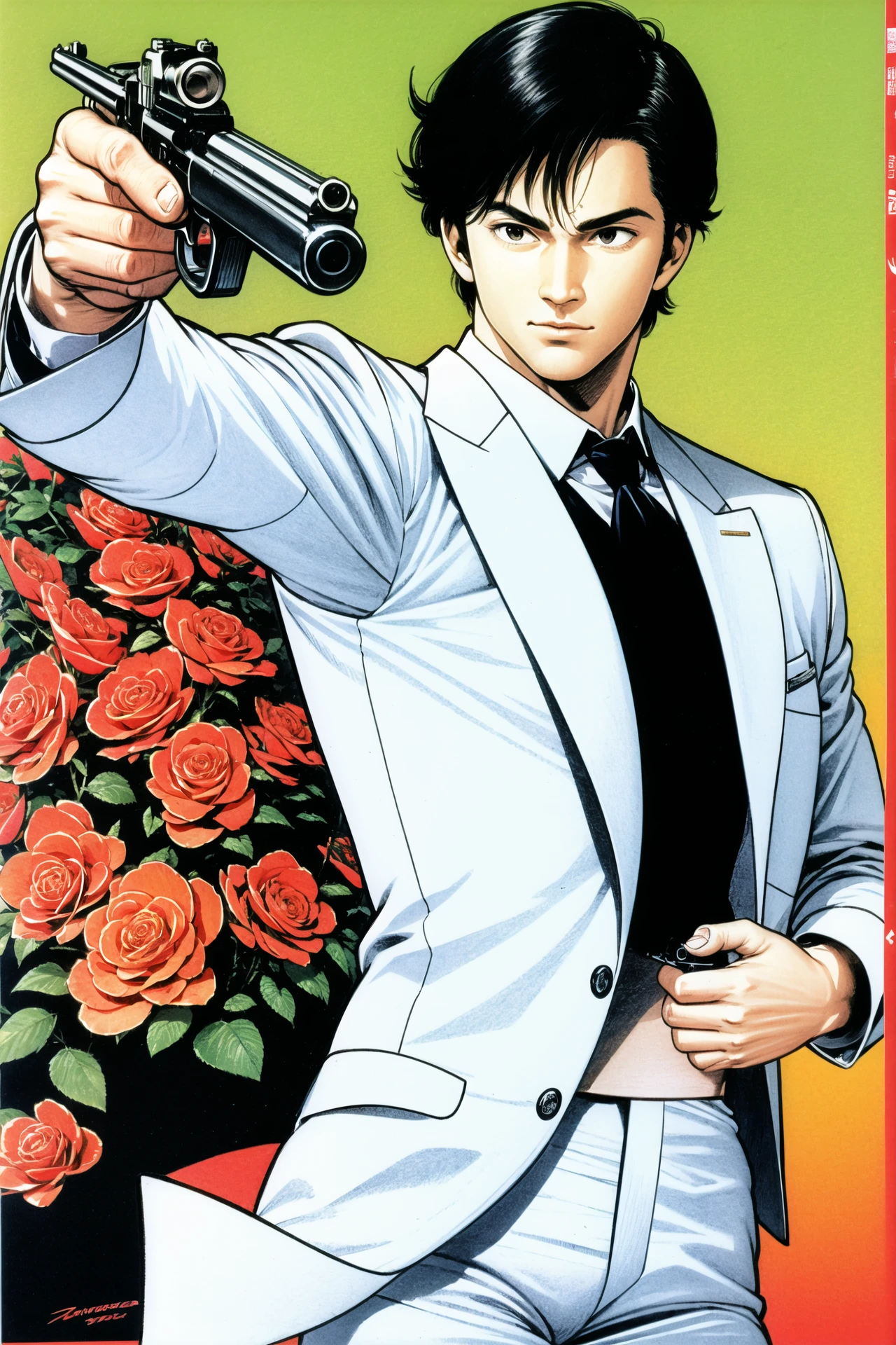 Saeba Ryo, 1boy, weapon, solo, male focus, gun, traditional media, formal, flower, white suit, rose, firing, necktie, handgun, red flower, marker (medium), black hair, red rose, <lora:Tsukasa Hojo:0.9>