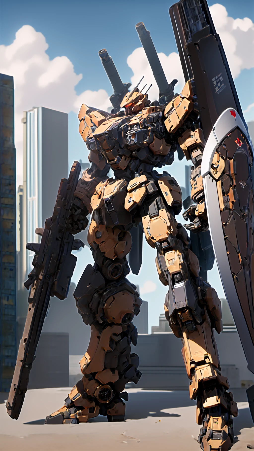 (MRS:1.5), a heavy mech, hard surface, hawken, sci-fi, holding_weapon,  battlefield, glowing ,heroic parts, mechanical parts, robot joints,(huge shield:1.2),best quality, masterpiece, highly detailed, ultra-detailed, (huge mechanical weapon:1.3),(detailed armor description:1.2),(detailed weapon description:1.2),(huge mechanical gun:1.2)
BREAK
sky, cloud, building, glowing_eyes, science_fiction, city, realistic, <lora:srd_v3e:0.6>