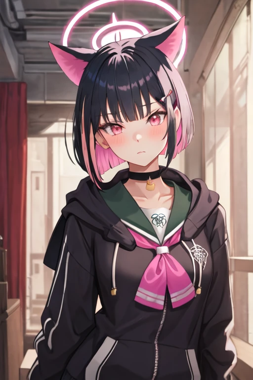 best quality, masterpiece, highres, solo, {kazusa_bluearchive:1.15}, animal_ears, black_hair, multicolored_hair, short_hair, bangs, colored_inner_hair, pink_hair, halo, cat_ears, two-tone_hair, hair_ornament, blush, hairclip, red_eyes, pink_eyes
