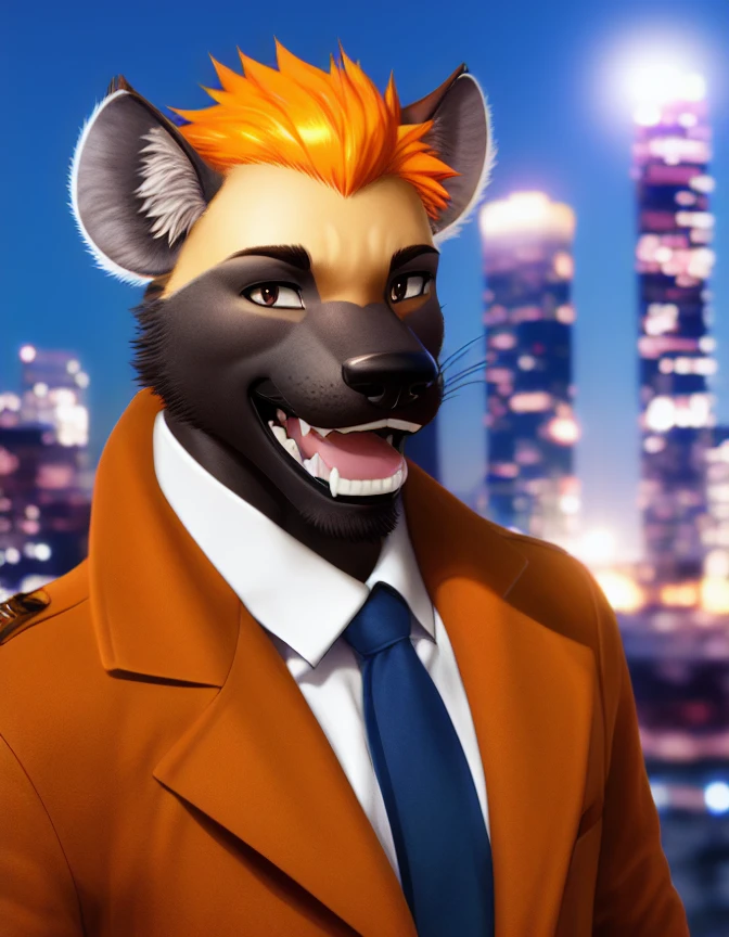 A portrait anthro laughing hyena male by (betm:1.225) by reality, 1boy, male focus, night, fur, coat, (suit:1.1), orange hair, big ears, (closed eyes:0.75)