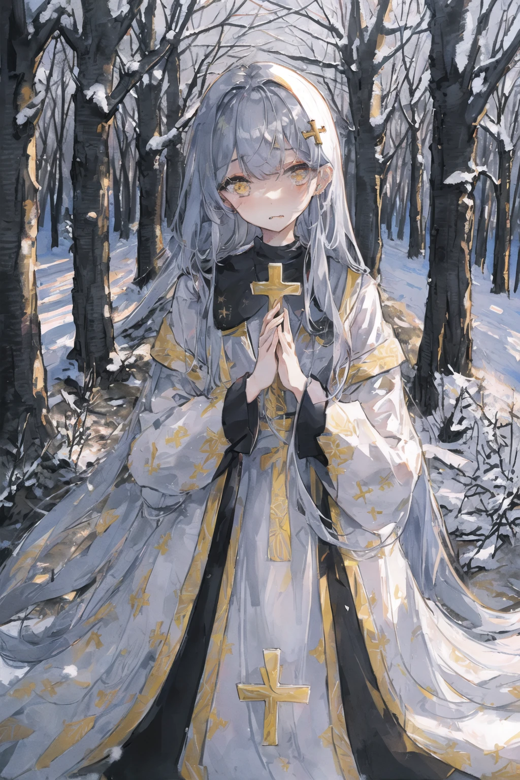 art by Cornflower, dreamy,
(1girl, bare_tree, church, closed_eyes, closed_mouth, cross, facing_viewer, forest, hair_ornament, long_hair, long_sleeves, nature, own_hands_together, praying, silver_hair, snow, solo, tree, very_long_hair) <hypernet:Cornflower_Mirage:1>