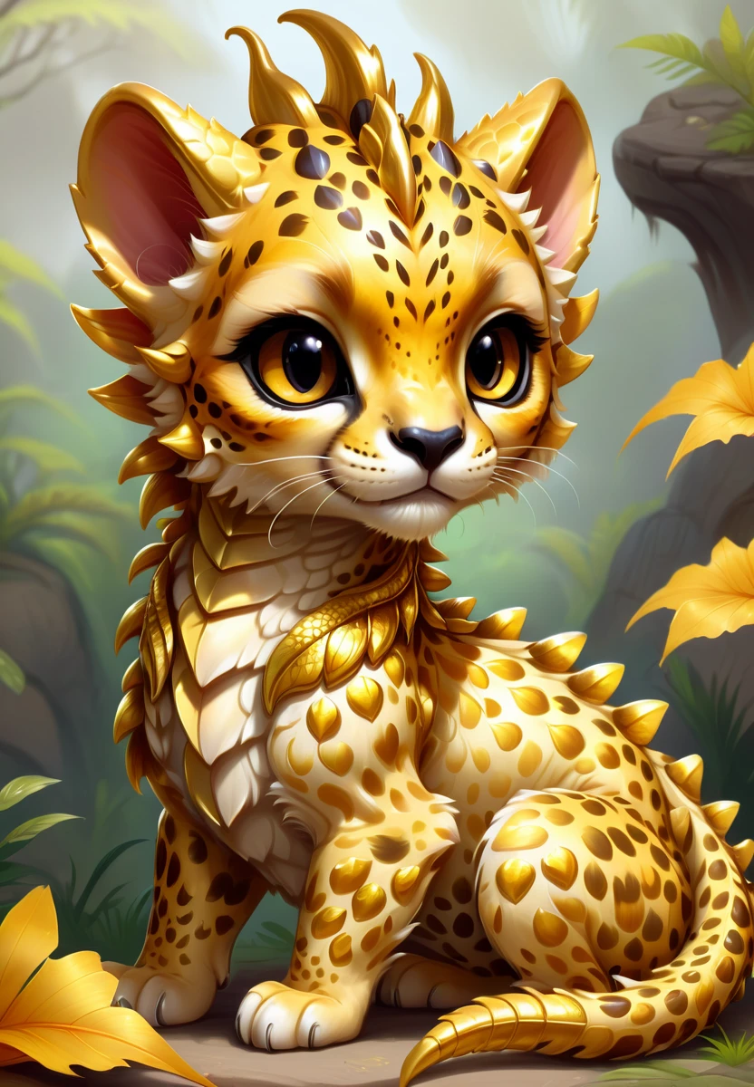 concept art, creature art, kawaii, adorable, cute, concept art, fantasy cheetah and dragon hybrid cub, golden dragon scales
