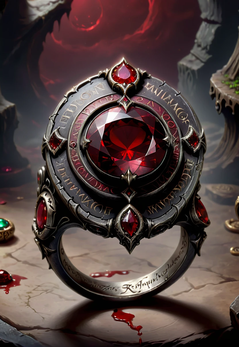 High quality fantasy artifact concept art, simple background, Necromancer's Shadow Ring, darkened silver, set with a blood-red gem, inscriptions in a forgotten tongue, 8k <lora:FaeTastic2:0.5>