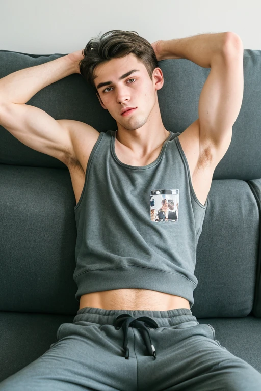 RAW photo of a 20 y.o man, average looking person, dark hair, alternative style, grunge, ((wearing baggy sweatpants and a tanktop)), sleepy eyes, (pale skin), (detailed face), thin body, buldge, ((full body)), ((lying on the couch)), resting, (high detailed skin:1.2), 8k uhd, dslr, soft lighting, high quality, film grain, Fujifilm XT3