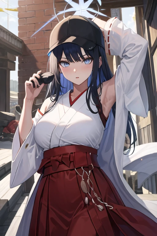 best quality, masterpiece, highres, solo, {white kimono:1.35}, {red hakama:1.35}, {wide sleeves:1.20}, {saori_bluearchive:1.15}, long_hair, bangs, blue_eyes, black_hair, halo, hat, breasts, baseball_cap, sleeveless, blue_hair, black_headwear, navel, stomach, large_breasts