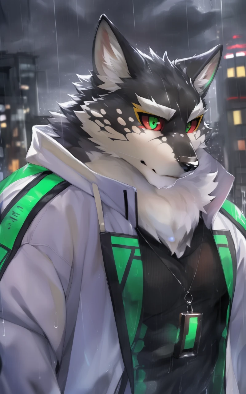 masterpiece, best quality, absurd res, ultra detailed, perfect anatomy,
monomasa,
by kiyosan, (by null-ghost:0.8), (by Pino Daeni:0.8),
furry, male, wolf, solo, detailed eye, (black pupil:1.1), green eye, red sclera, (yellow eye shadow:0.8),
white hooded coat,
clothed, upper body,
rain, cloudy, cityscape, <lora:monomasa-000008:1>