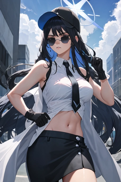 best quality, masterpiece, highres, solo, {black business suit:1.40}, {tie:1.20}, {sunglasses:1.25}, {white gloves:1.15}, {white shirt:1.10}, {black skirt:1.15}, {smoking:1.20}, handsome, {saori_bluearchive:1.15}, long_hair, bangs, blue_eyes, black_hair, halo, hat, breasts, baseball_cap, sleeveless, blue_hair, black_headwear, navel, stomach, large_breasts