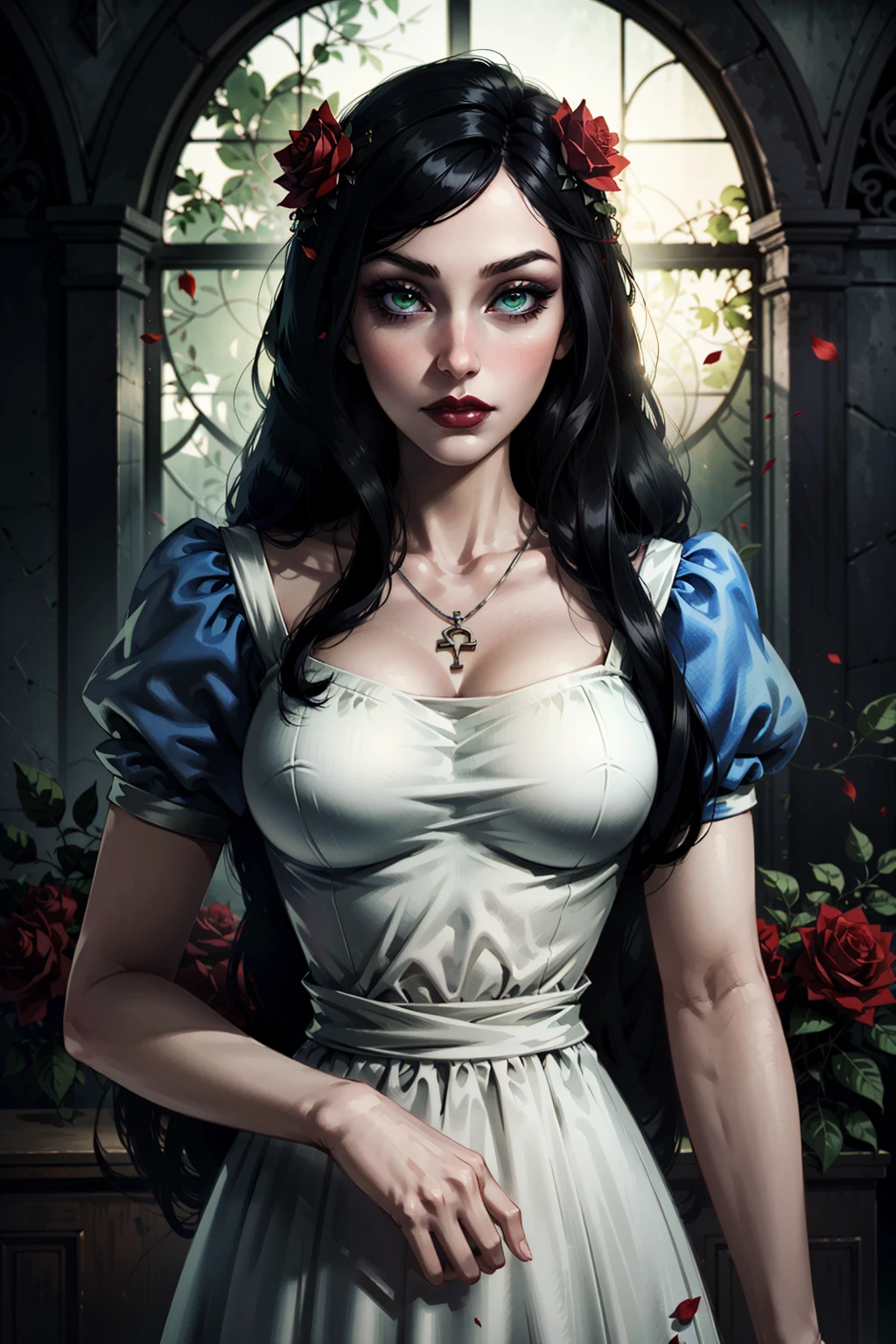 AliceHorror, 1girl, solo, black hair, flower, hair ornament, hair flower, pale skin, makeup, long hair, green eyes, dress, lipstick, necklace, jewelry, rose, looking at viewer, red lips
,masterpiece, best quality, cinematic lighting,
<lora:AliceHorror:0.7>