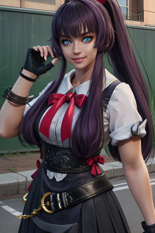 Saaya,purple hair , blue eyes, ponytail,  bangs, 
black school uniform, red ribbon, fingerless gloves, belt, skirt, 
solo,  upper body, smile,  standing, 
schoolyard, morning, 
(insanely detailed, beautiful detailed face, masterpiece, best quality),  <lora:Saaya:0.7>