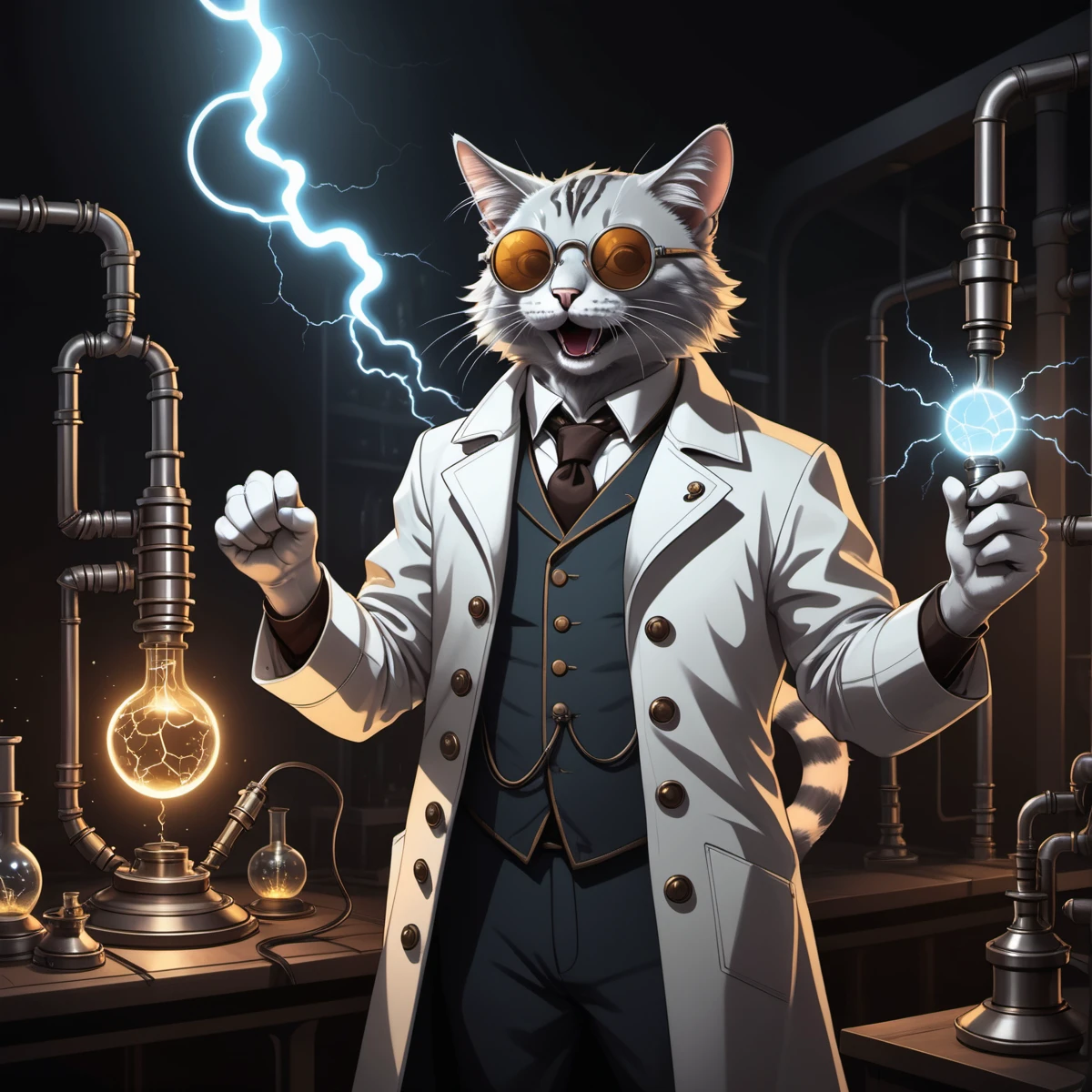 line art drawing  old evil scientist,  (((cat))), psycho, laughing, science coat, dark experiments, electricity sparks, victorian, dark science lab, steampunk sun glasses, dark atmosphere, Homunculus . highly detailed . professional, sleek, modern, minimalist, graphic, line art, vector graphics